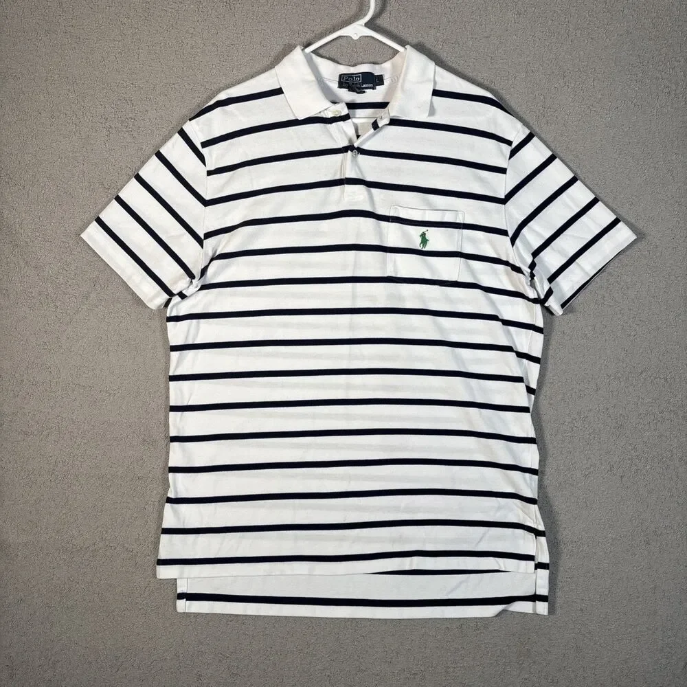 Polo By Ralph Lauren Polo Shirt Men’s Size L White Navy Blue Stripes Green‎ Pony